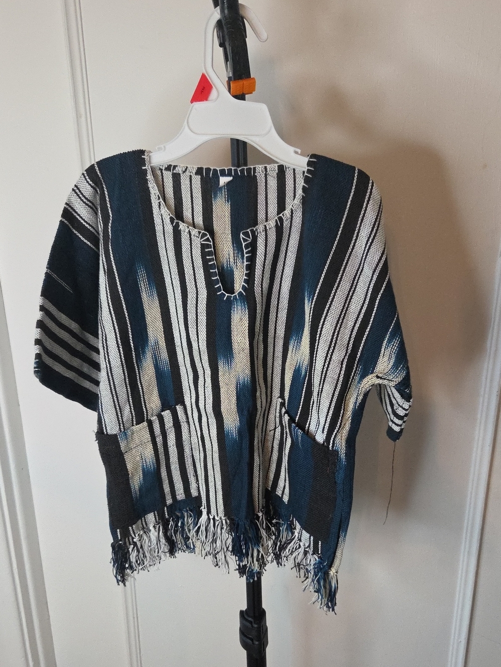 Kid Dashiki- African  Striped Fringe Short-Sleeve Top in Navy and Cream